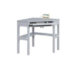 Bureau d'angle style campagne gris/blanc avec tablette coulissante pour clavier, étagères ouvertes et passe-câbles pour 1