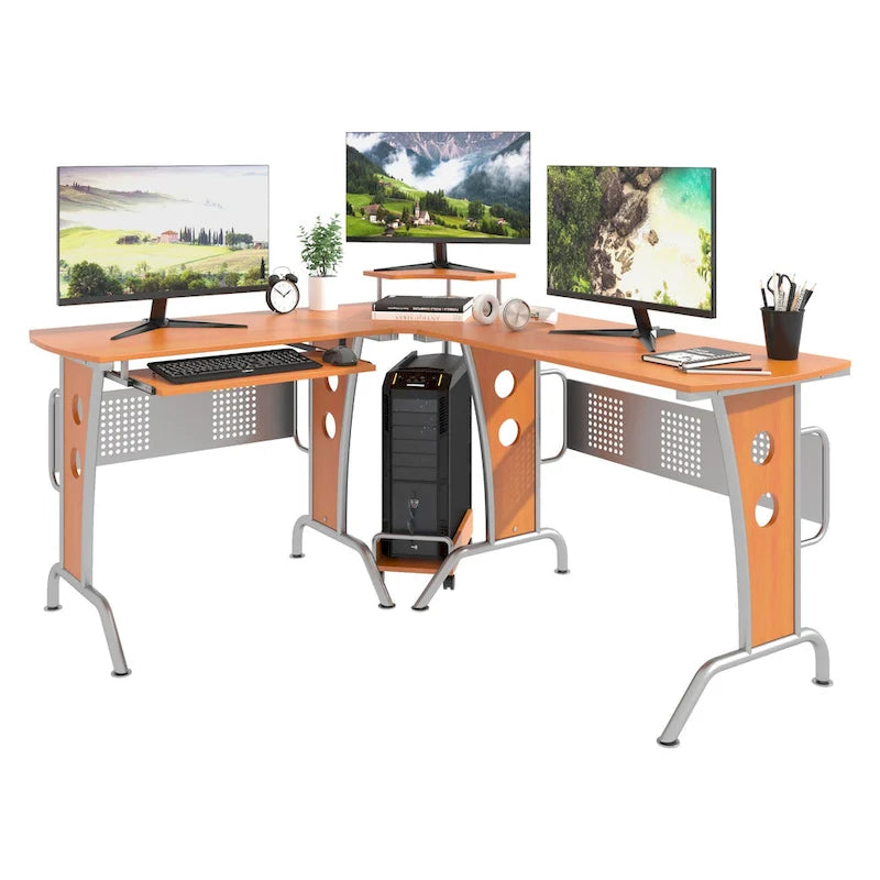 Bureau d'angle en L en MDF marron et acier avec plateau coulissant pour clavier, étagère surélevée et chariot pour unité centrale pour 1 personne