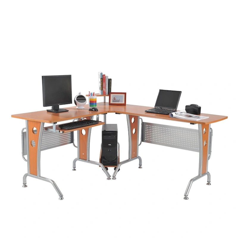 Bureau d'angle en L en MDF marron et acier avec plateau coulissant pour clavier, étagère surélevée et chariot pour unité centrale pour 1 personne