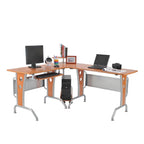 Bureau d'angle en L en MDF marron et acier avec plateau coulissant pour clavier, étagère surélevée et chariot pour unité centrale pour 1 personne