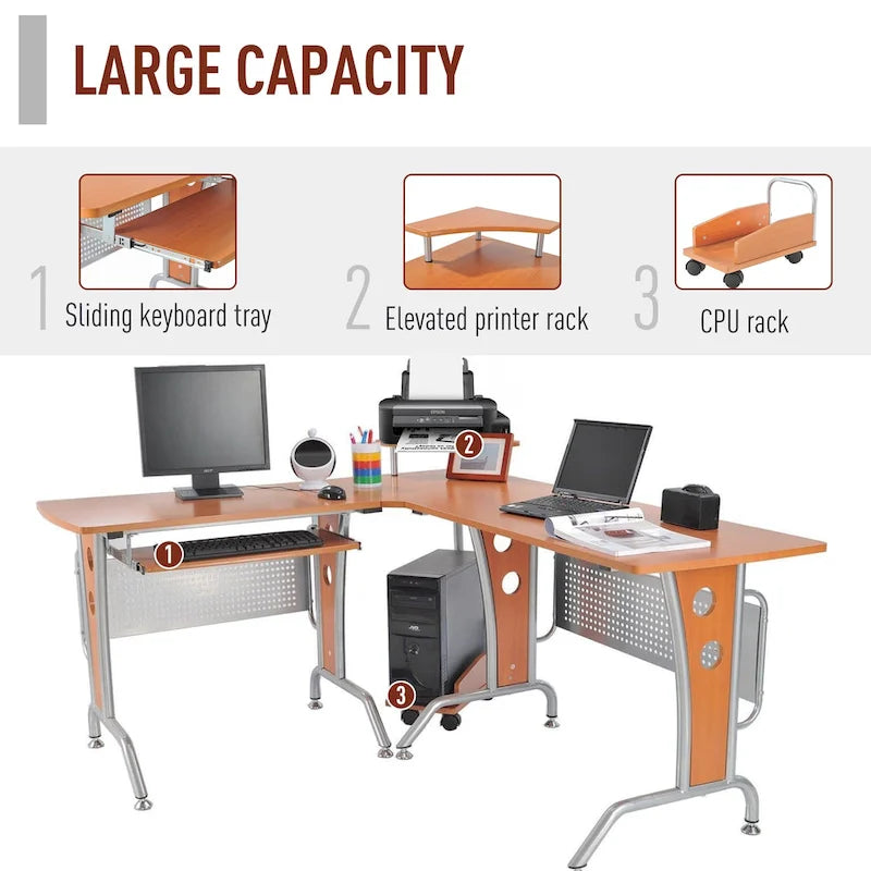 Bureau d'angle en L en MDF marron et acier avec plateau coulissant pour clavier, étagère surélevée et chariot pour unité centrale pour 1 personne