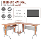 Bureau d'angle en L en MDF marron et acier avec plateau coulissant pour clavier, étagère surélevée et chariot pour unité centrale pour 1 personne