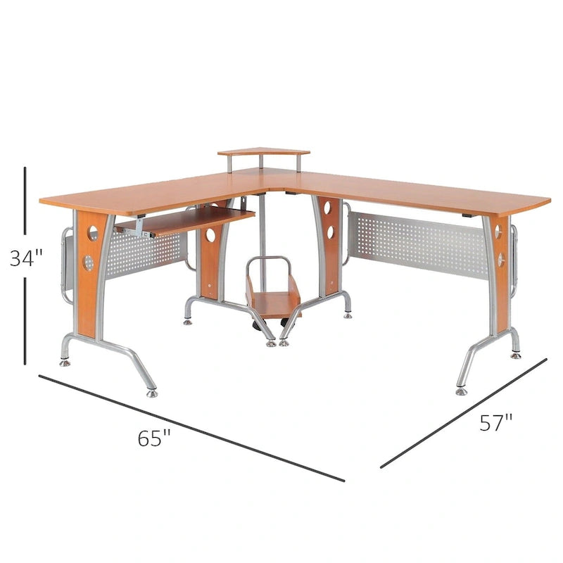 Bureau d'angle en L en MDF marron et acier avec plateau coulissant pour clavier, étagère surélevée et chariot pour unité centrale pour 1 personne