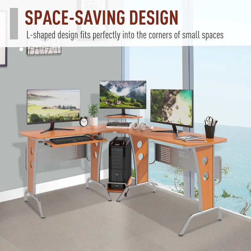 Bureau d'angle en L en MDF marron et acier avec plateau coulissant pour clavier, étagère surélevée et chariot pour unité centrale pour 1 personne