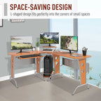 Bureau d'angle en L en MDF marron et acier avec plateau coulissant pour clavier, étagère surélevée et chariot pour unité centrale pour 1 personne