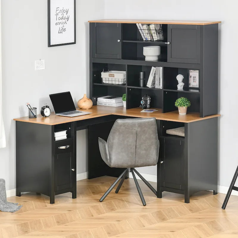 Bureau d'angle en L en MDF noir/marron avec huche, étagères de rangement et armoires pour 1 personne