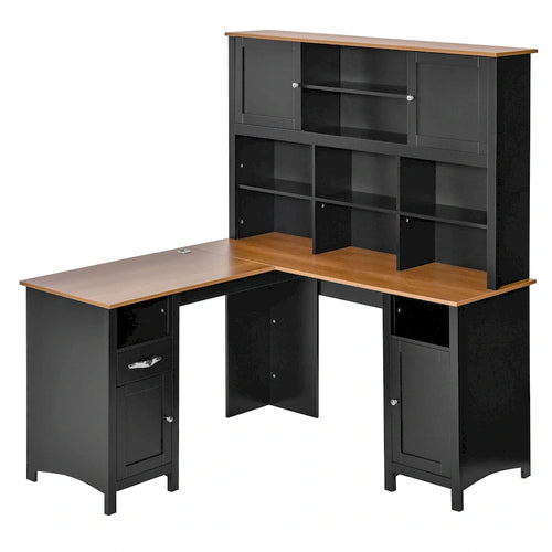 Bureau d'angle en L en MDF noir/marron avec huche, étagères de rangement et armoires pour 1 personne