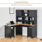 Bureau d'angle en L en MDF noir/marron avec huche, étagères de rangement et armoires pour 1 personne