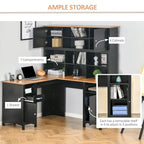 Bureau d'angle en L en MDF noir/marron avec huche, étagères de rangement et armoires pour 1 personne