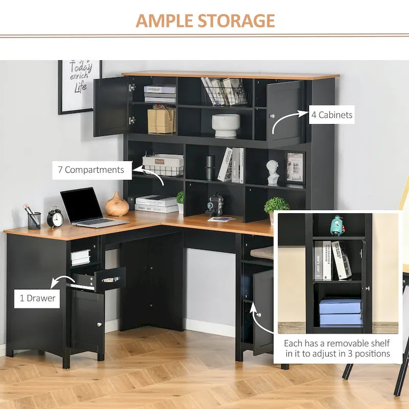 Bureau d'angle en L en MDF noir/marron avec huche, étagères de rangement et armoires pour 1 personne