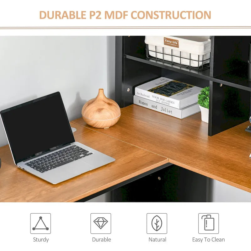 Bureau d'angle en L en MDF noir/marron avec huche, étagères de rangement et armoires pour 1 personne