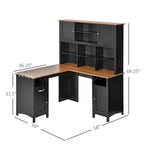 Bureau d'angle en L en MDF noir/marron avec huche, étagères de rangement et armoires pour 1 personne