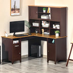 Bureau d'angle en L en MDF noir/marron avec huche, étagères de rangement et armoires pour 1 personne