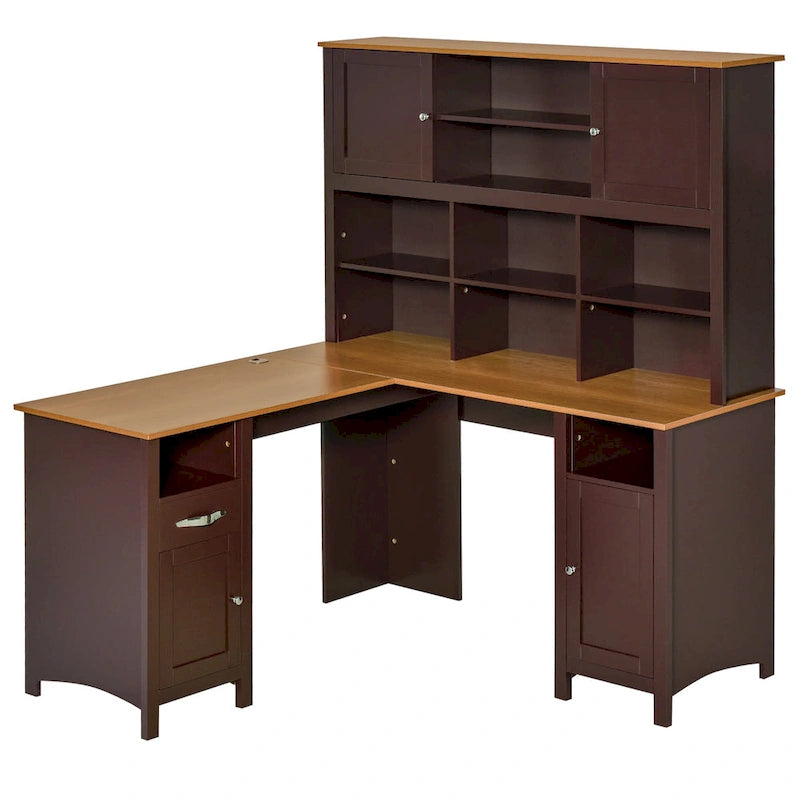 Bureau d'angle en L en MDF noir/marron avec huche, étagères de rangement et armoires pour 1 personne