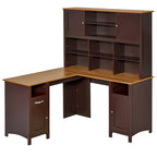 Bureau d'angle en L en MDF noir/marron avec huche, étagères de rangement et armoires pour 1 personne