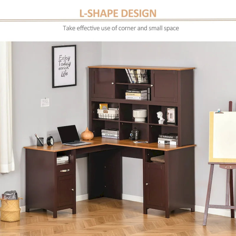 Bureau d'angle en L en MDF noir/marron avec huche, étagères de rangement et armoires pour 1 personne