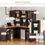 Bureau d'angle en L en MDF noir/marron avec huche, étagères de rangement et armoires pour 1 personne
