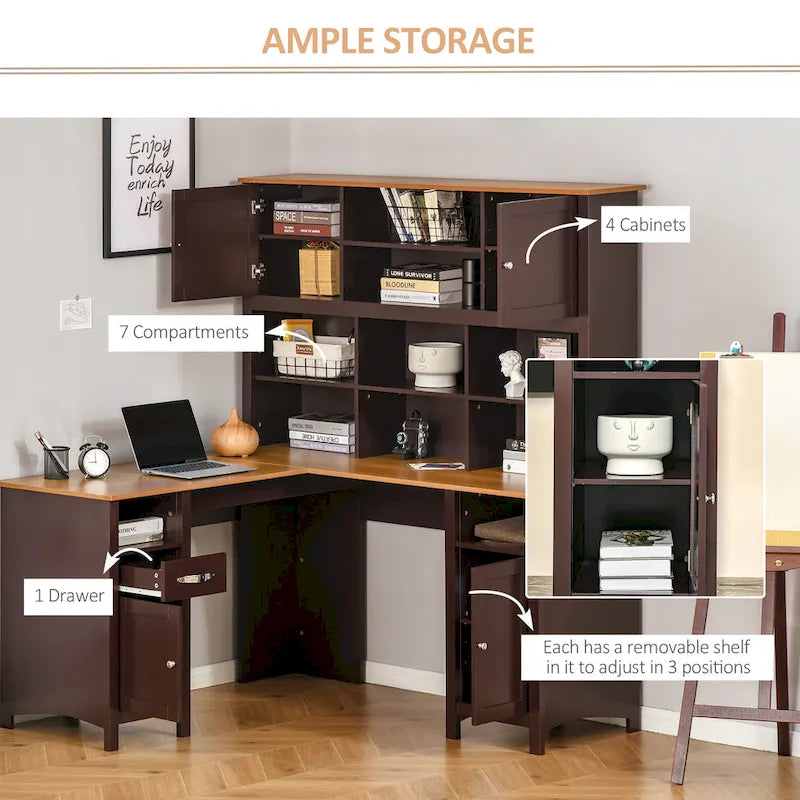 Bureau d'angle en L en MDF noir/marron avec huche, étagères de rangement et armoires pour 1 personne