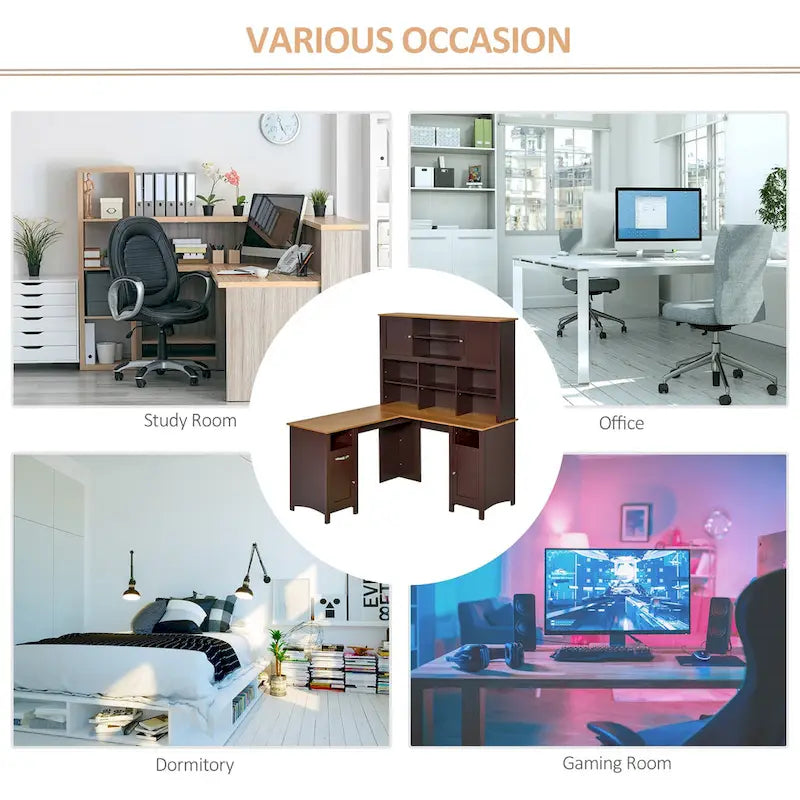 Bureau d'angle en L en MDF noir/marron avec huche, étagères de rangement et armoires pour 1 personne