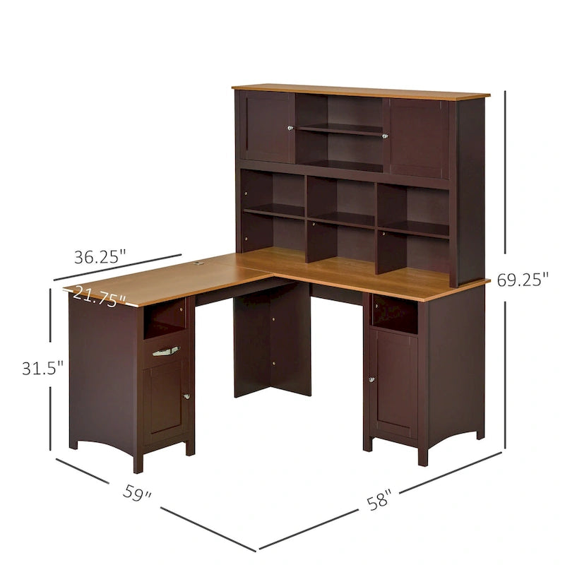 Bureau d'angle en L en MDF noir/marron avec huche, étagères de rangement et armoires pour 1 personne