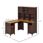 Bureau d'angle en L en MDF noir/marron avec huche, étagères de rangement et armoires pour 1 personne