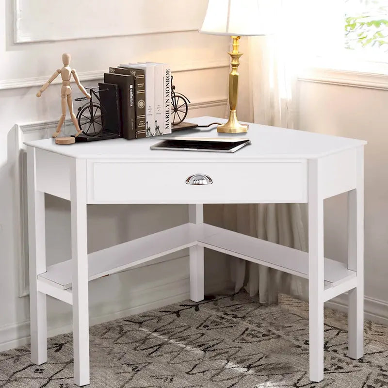Bureau d'ordinateur d'angle en pin blanc et MDF avec tiroir et 2 étagères pour 1