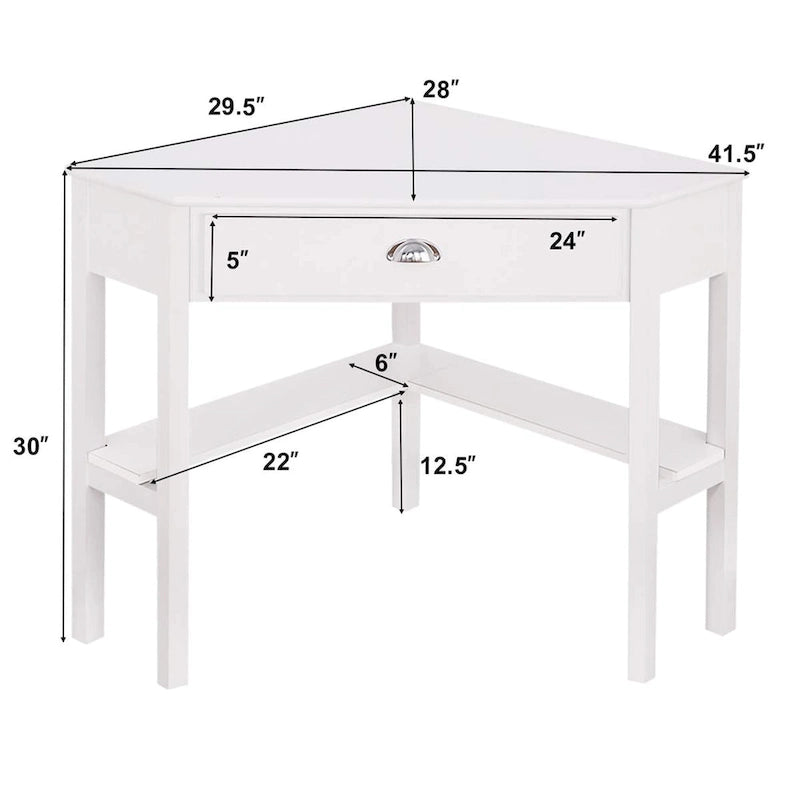 Bureau d'ordinateur d'angle en pin blanc et MDF avec tiroir et 2 étagères pour 1