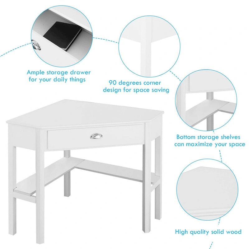 Bureau d'ordinateur d'angle en pin blanc et MDF avec tiroir et 2 étagères pour 1