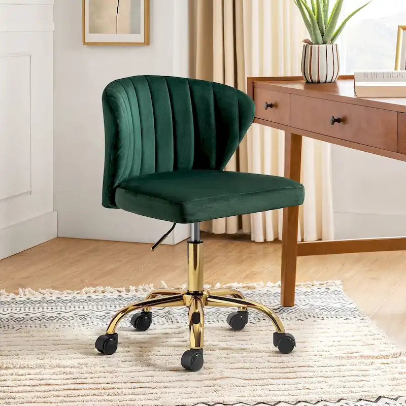 Fauteuil de bureau sans accoudoirs en velours multicolore avec dossier capitonné et base en métal doré