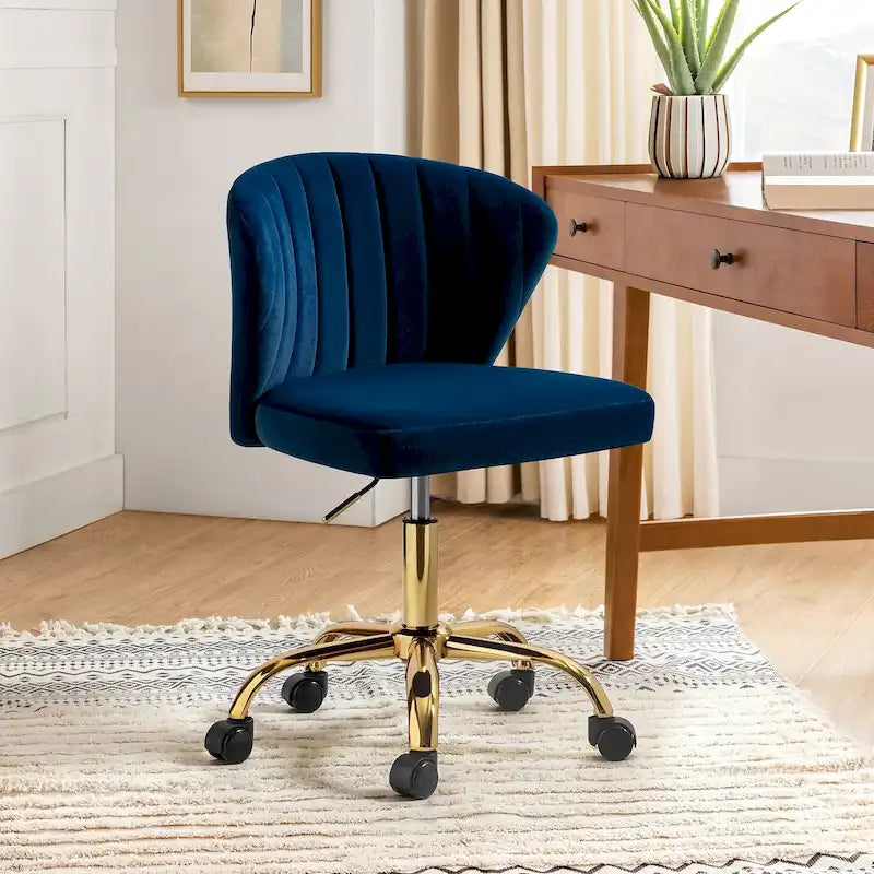Fauteuil de bureau sans accoudoirs en velours multicolore avec dossier capitonné et base en métal doré