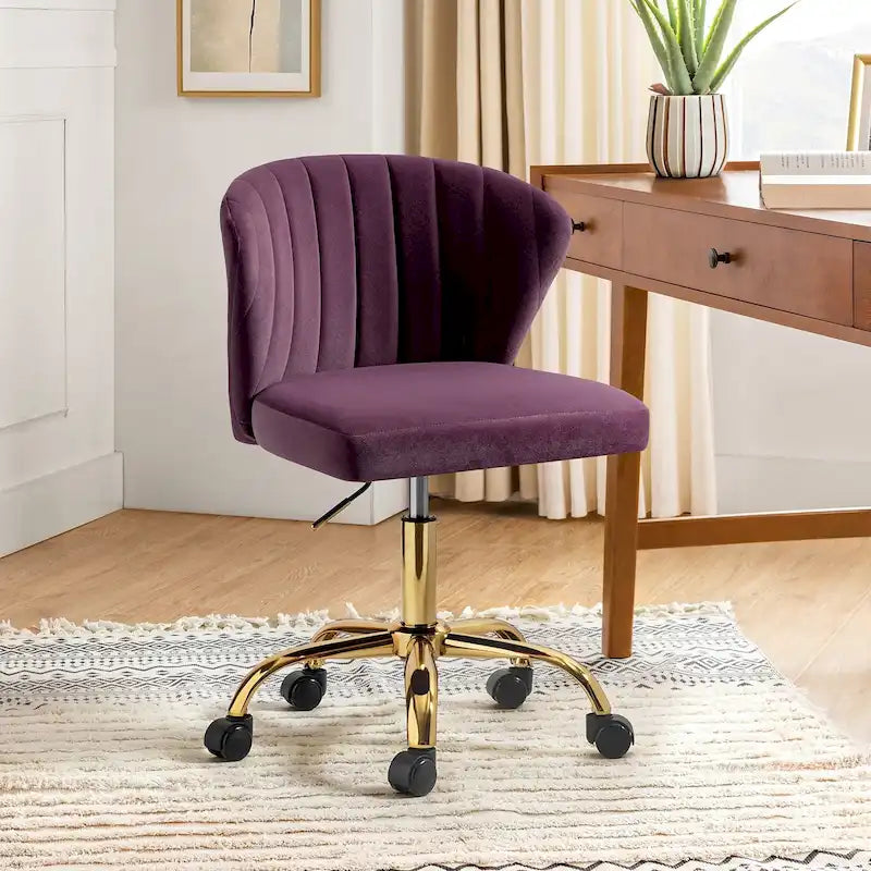Fauteuil de bureau sans accoudoirs en velours multicolore avec dossier capitonné et base en métal doré