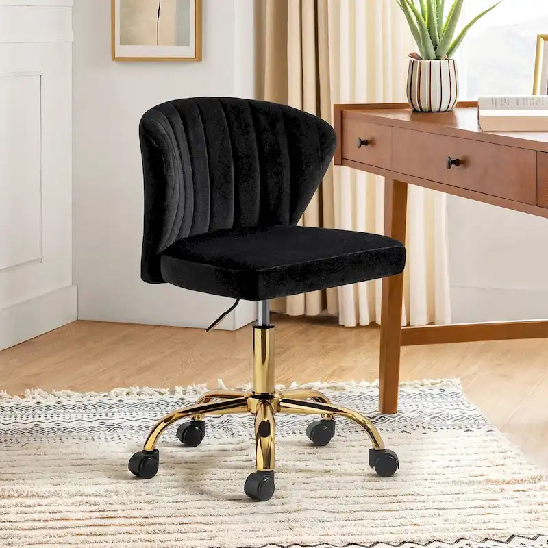 Fauteuil de bureau sans accoudoirs en velours multicolore avec dossier capitonné et base en métal doré
