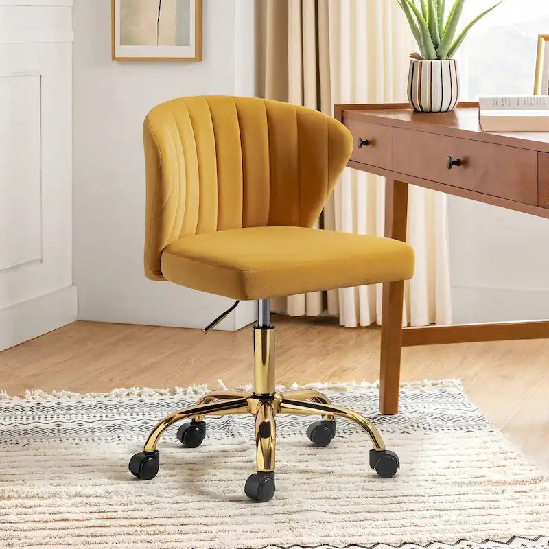 Fauteuil de bureau sans accoudoirs en velours multicolore avec dossier capitonné et base en métal doré
