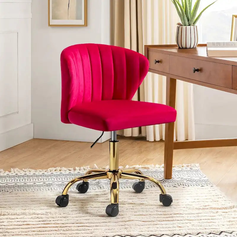 Fauteuil de bureau sans accoudoirs en velours multicolore avec dossier capitonné et base en métal doré