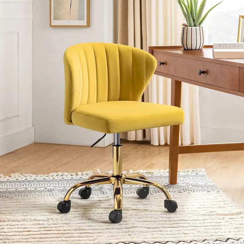 Fauteuil de bureau sans accoudoirs en velours multicolore avec dossier capitonné et base en métal doré