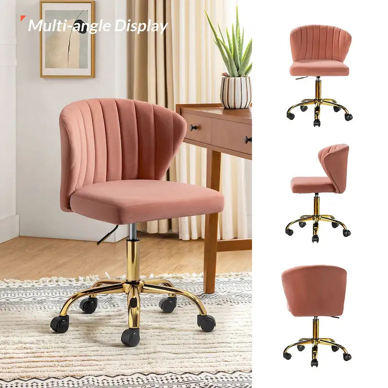 Fauteuil de bureau sans accoudoirs en velours multicolore avec dossier capitonné et base en métal doré