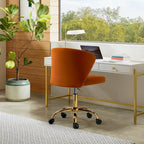 Fauteuil de bureau sans accoudoirs en velours multicolore avec dossier capitonné et base en métal doré