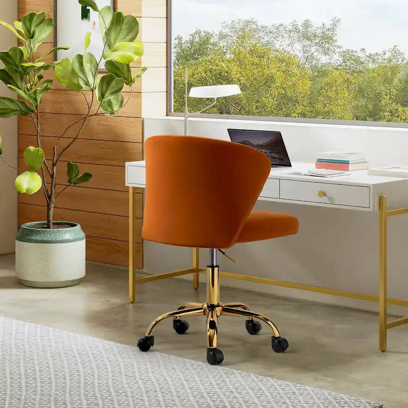 Fauteuil de bureau sans accoudoirs en velours multicolore avec dossier capitonné et base en métal doré