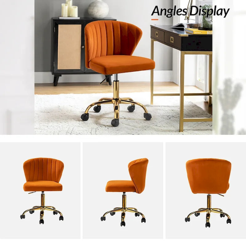 Fauteuil de bureau sans accoudoirs en velours multicolore avec dossier capitonné et base en métal doré