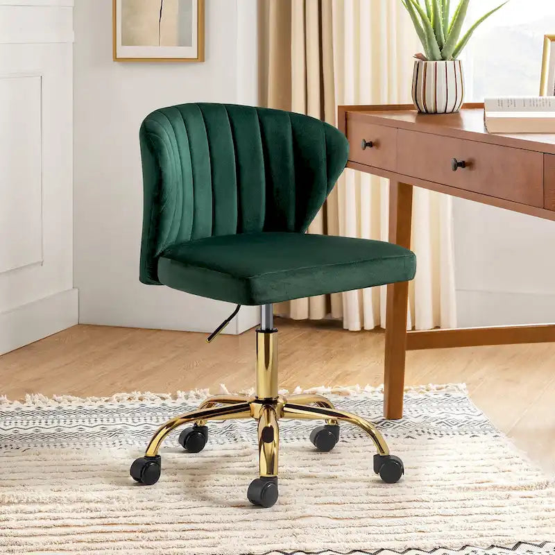 Fauteuil de bureau sans accoudoirs en velours multicolore avec dossier capitonné et base en métal doré