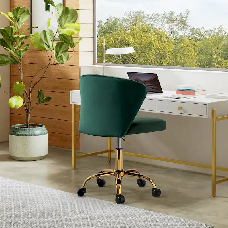 Fauteuil de bureau sans accoudoirs en velours multicolore avec dossier capitonné et base en métal doré