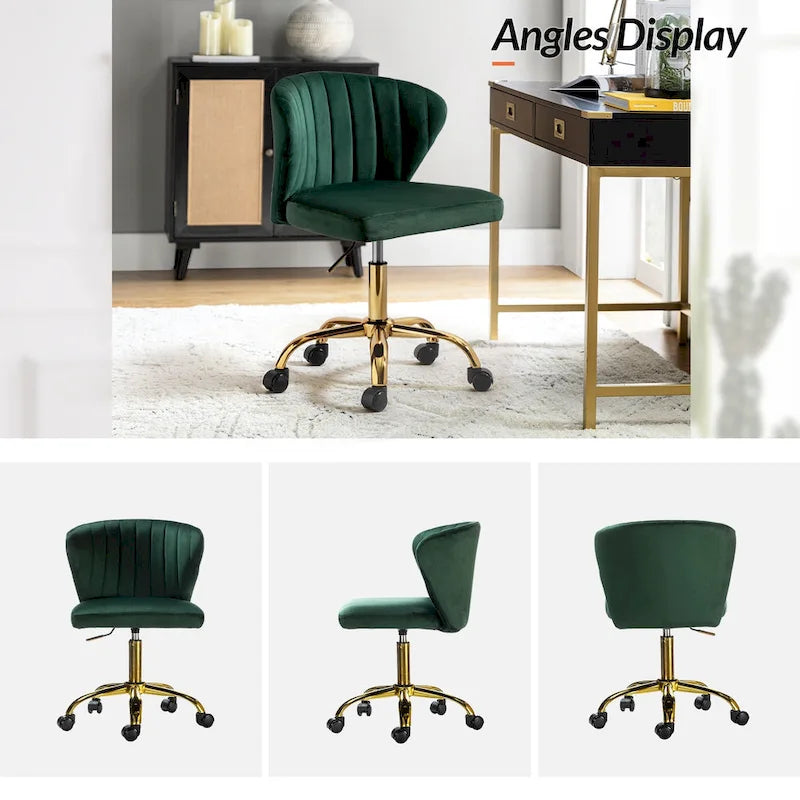 Fauteuil de bureau sans accoudoirs en velours multicolore avec dossier capitonné et base en métal doré
