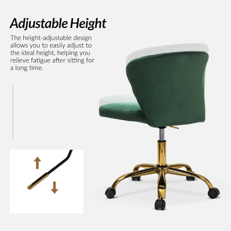 Fauteuil de bureau sans accoudoirs en velours multicolore avec dossier capitonné et base en métal doré