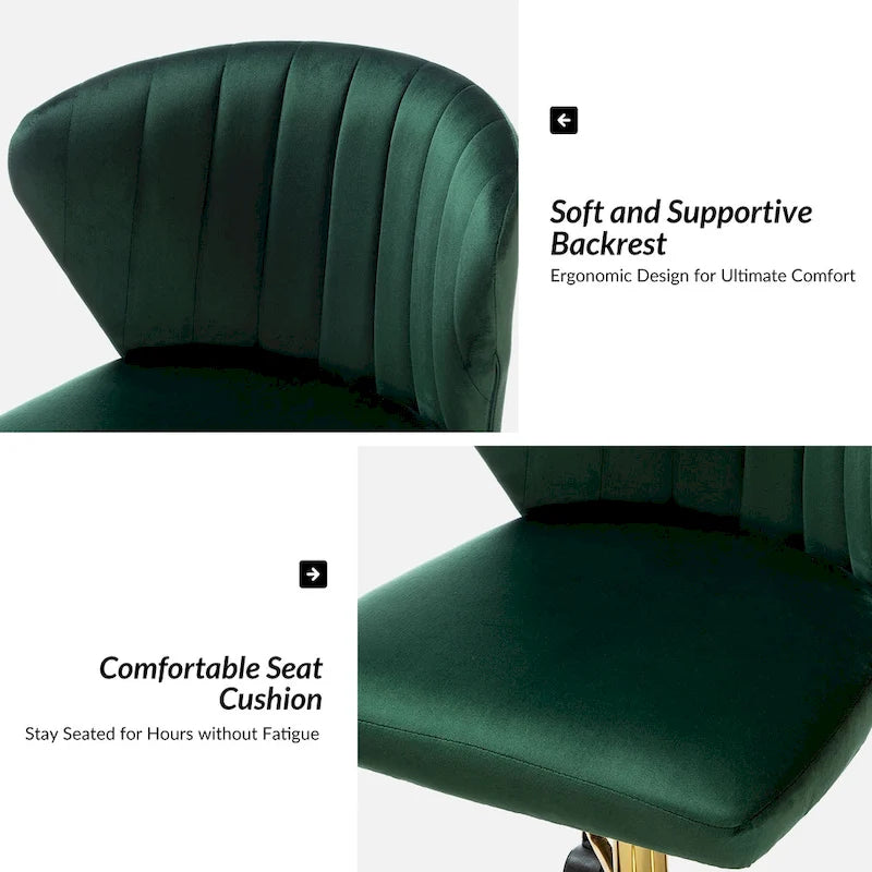 Fauteuil de bureau sans accoudoirs en velours multicolore avec dossier capitonné et base en métal doré