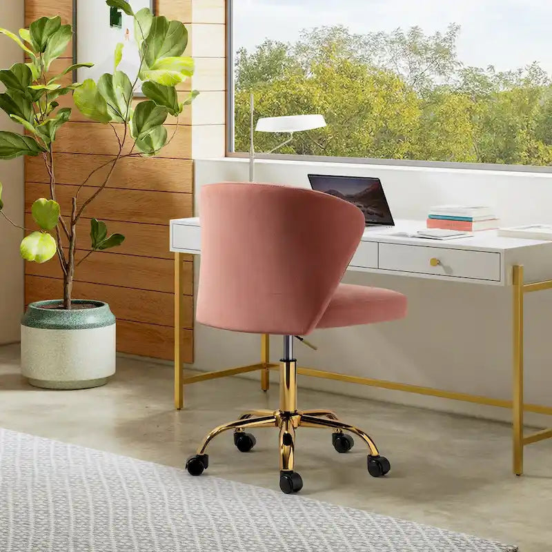 Fauteuil de bureau sans accoudoirs en velours multicolore avec dossier capitonné et base en métal doré