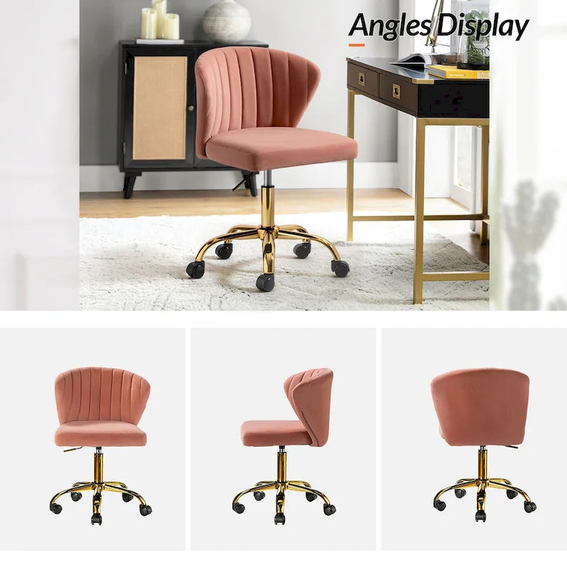 Fauteuil de bureau sans accoudoirs en velours multicolore avec dossier capitonné et base en métal doré