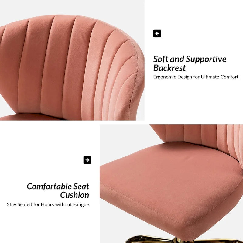 Fauteuil de bureau sans accoudoirs en velours multicolore avec dossier capitonné et base en métal doré