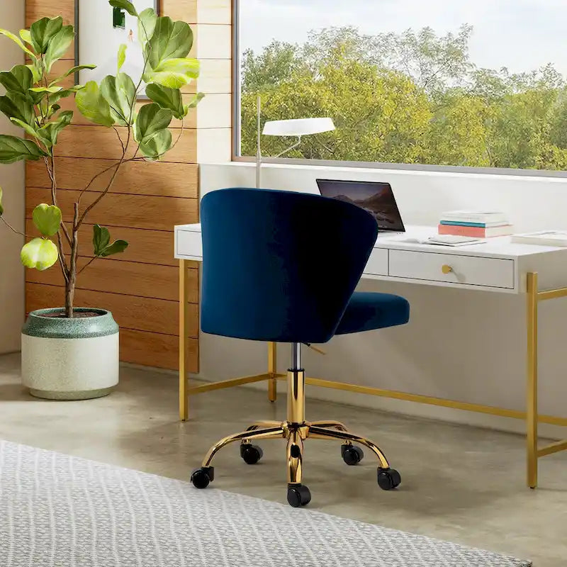 Fauteuil de bureau sans accoudoirs en velours multicolore avec dossier capitonné et base en métal doré