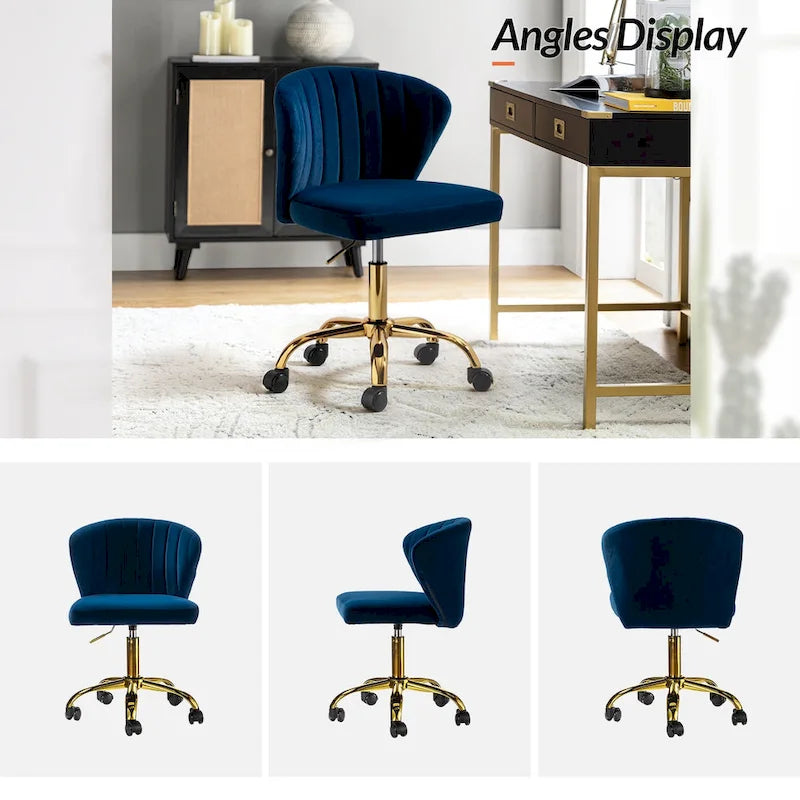 Fauteuil de bureau sans accoudoirs en velours multicolore avec dossier capitonné et base en métal doré