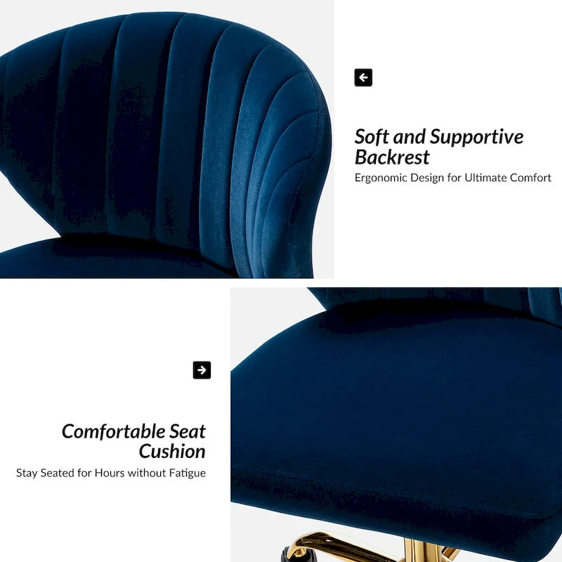 Fauteuil de bureau sans accoudoirs en velours multicolore avec dossier capitonné et base en métal doré